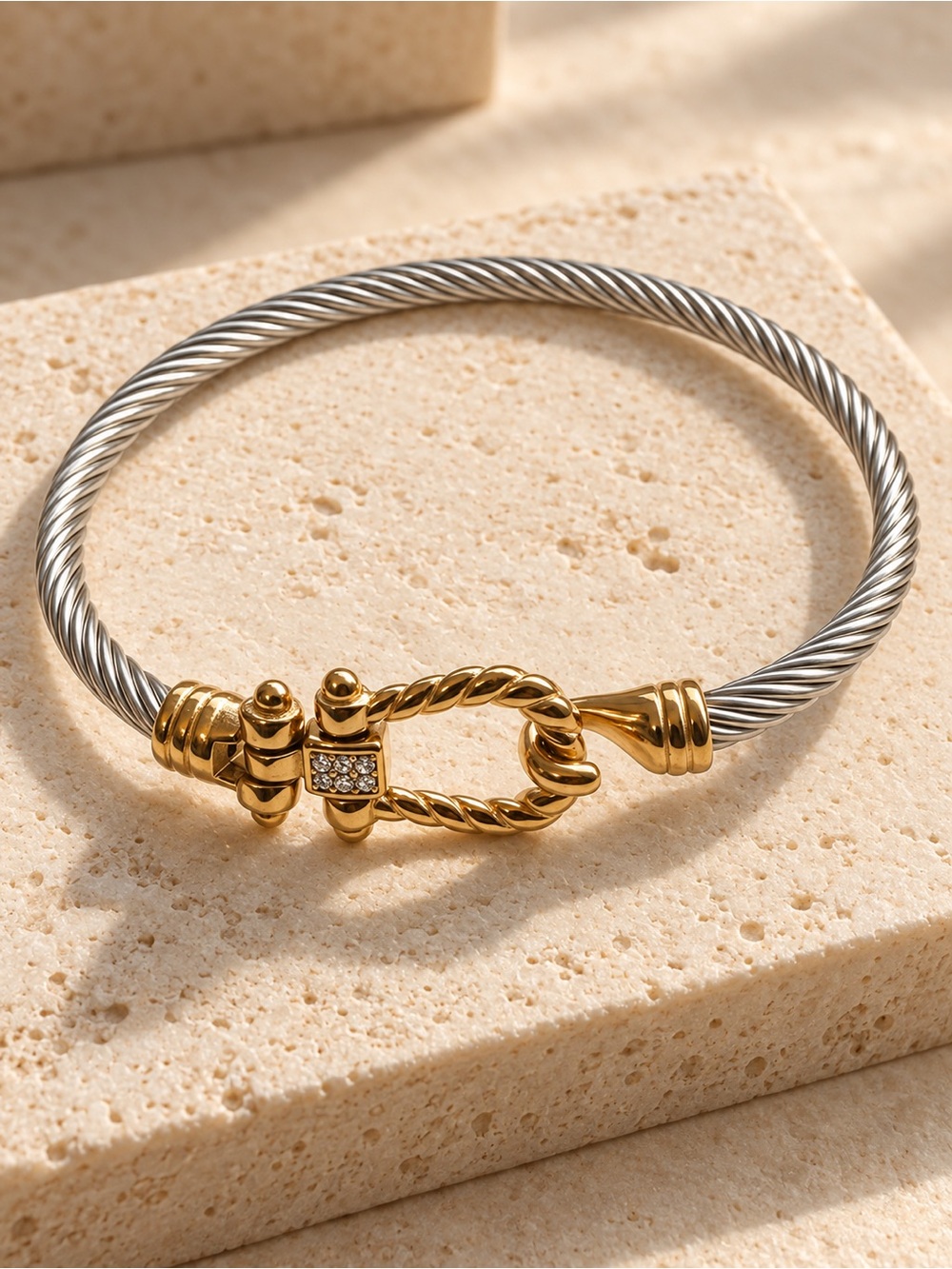 Gold Plated and Stainless Steel Twisted Cable Bracelet with Pave Accent